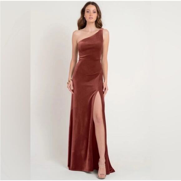 Jenny Yoo Cybill One Shoulder English Rose Rust Velvet Maxi Dress‎ Gown Size 10 - Picture 1 of 10